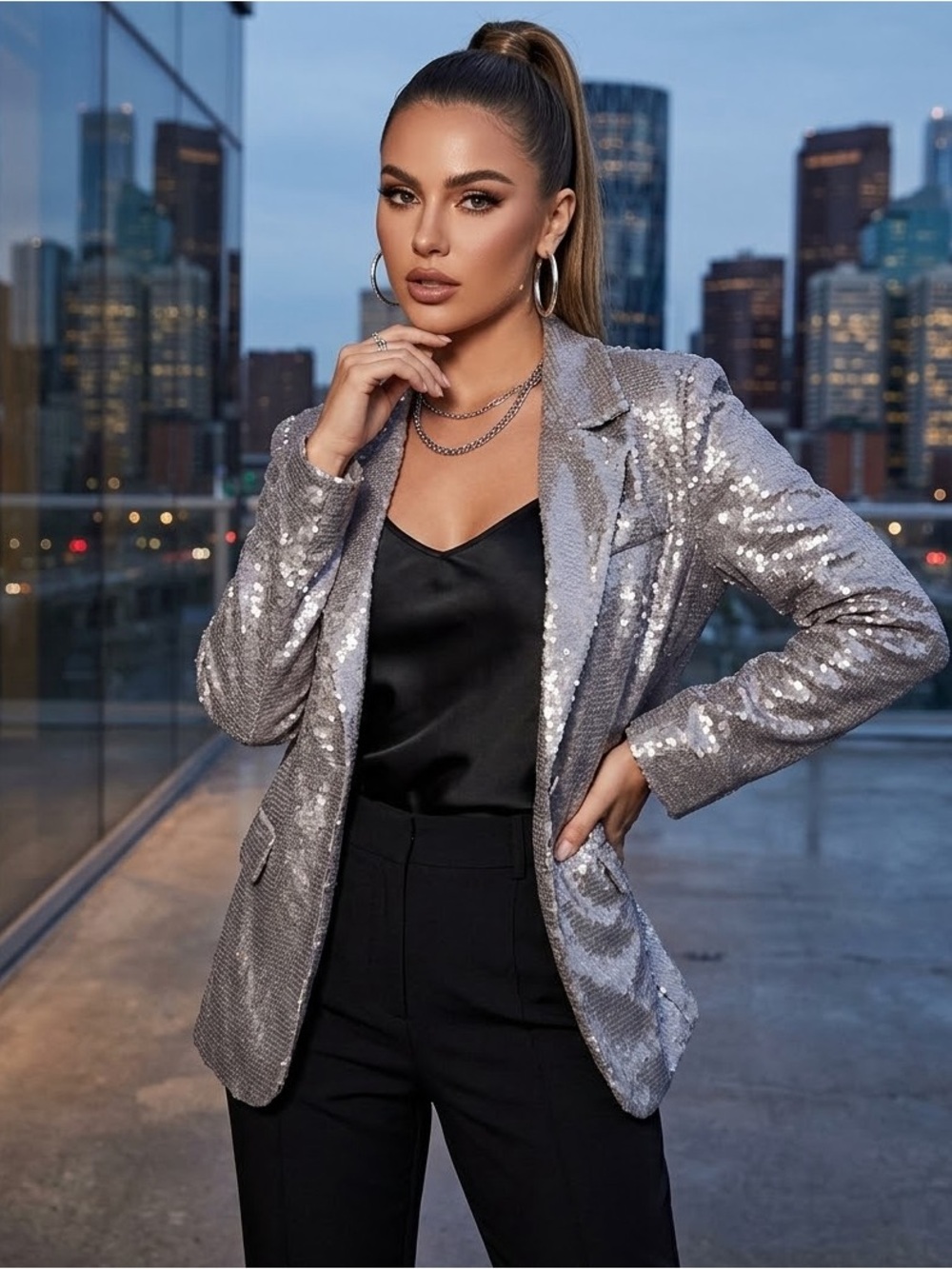 Cider Sequin Women Blazer Jacket - Silver Sparkle Night
